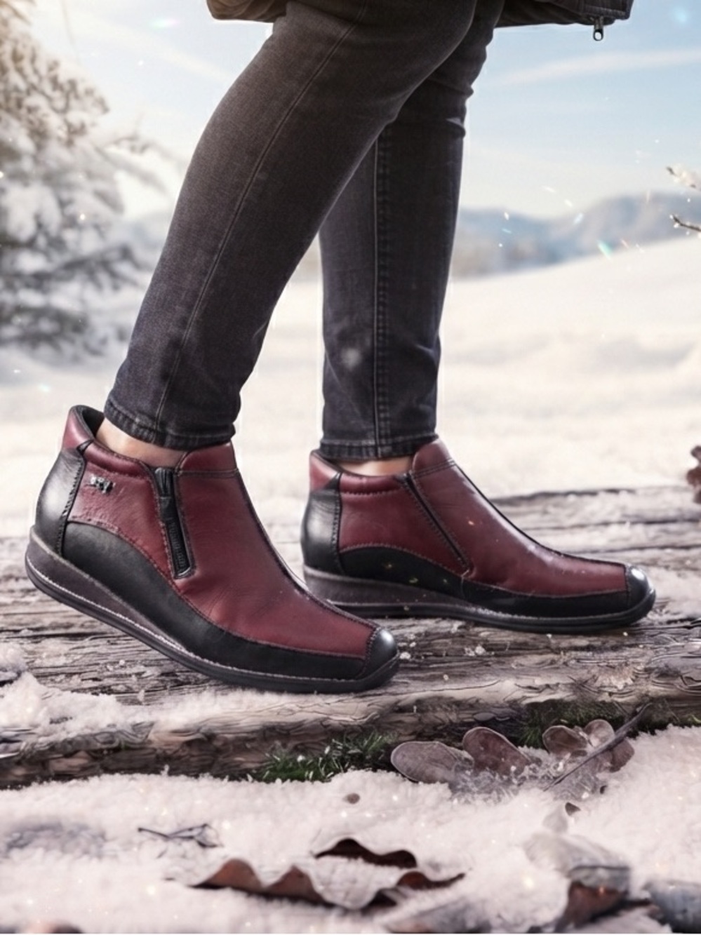 Women’s Rieker Red Black Leather Slip-On lined winter zip boots size 6.5